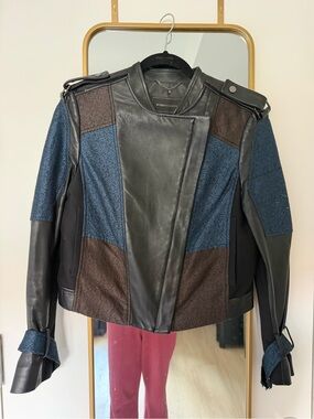 BCBGMaxAzria Blue, Black and Brown Mixed-Media Leather Jacket